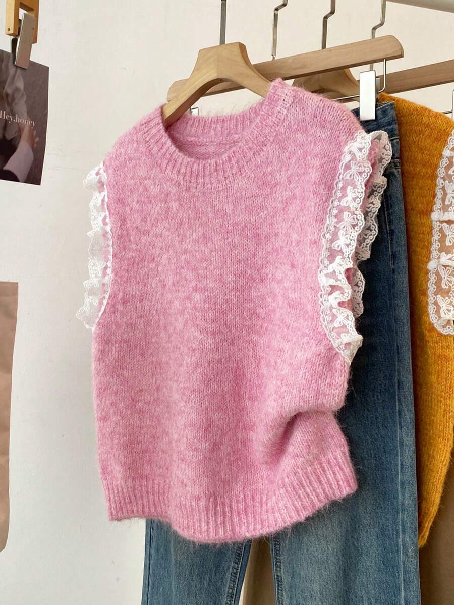 Áo vest nữ màu trơn, phối ren, dệt kim, thích hợp cho mùa xuân, màu hồng.