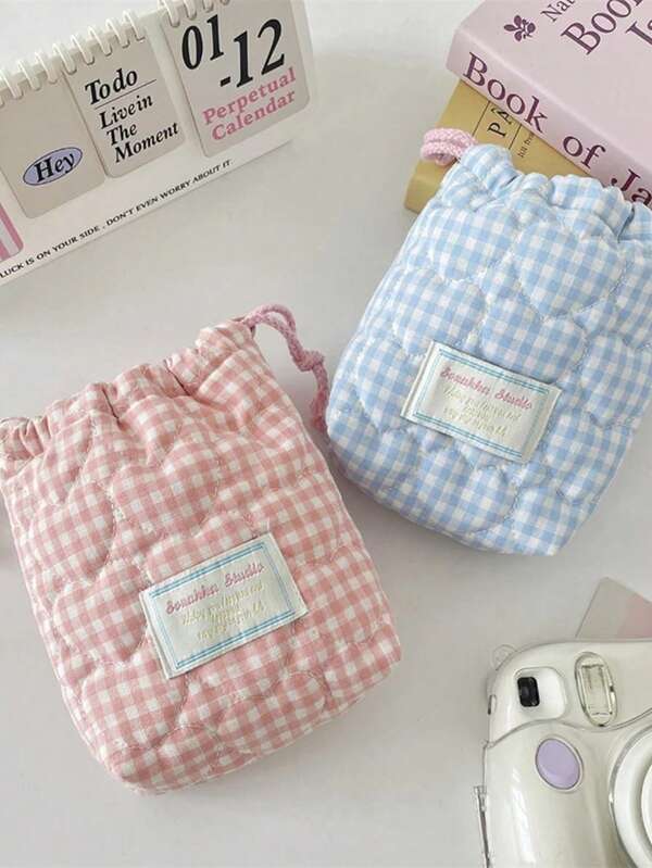 1pc Fashion Candy Color Portable Travel Makeup Case Drawstring Storage Bag For Camera Solid Color Heart Striped Organizer