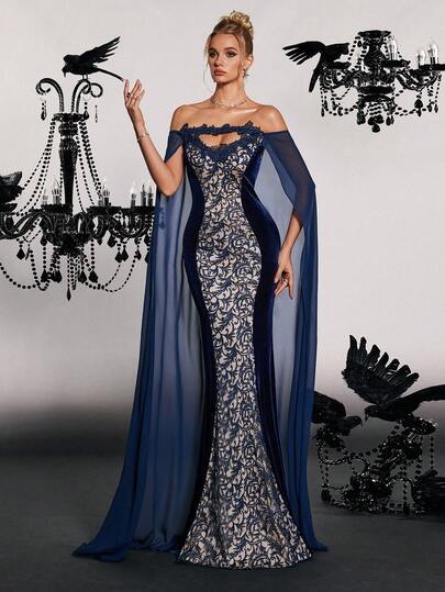 VIPGIRL 奢华蓝色露肩蕾丝晚礼服，搭配透明斗篷设计，正式晚礼服，优雅派对礼服，女士舞会礼服
