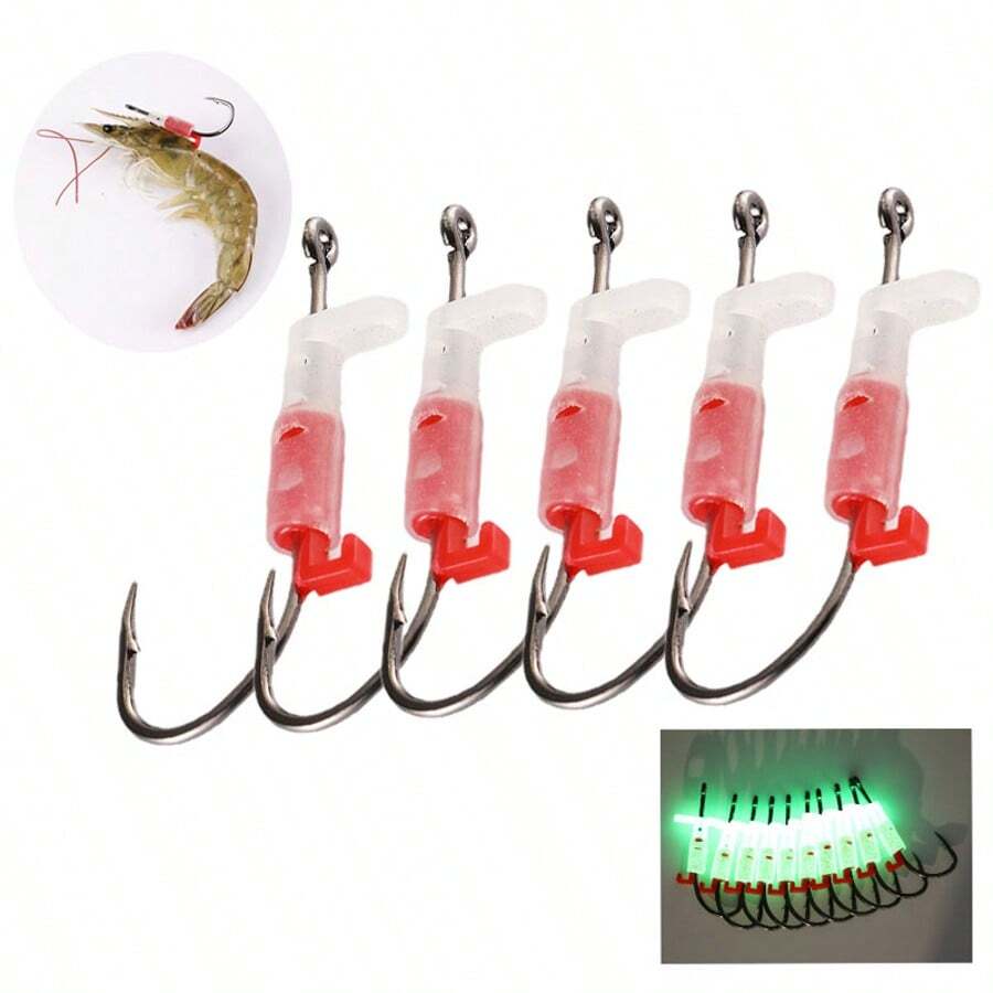 5 piezas de anzuelos luminosos con luz nocturna para camarones vivos, anzuelos de acero al carbono con púas resistentes a la corrosión en agua salada y dulce para pesca