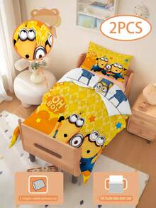 Minions 1/2 Peças Conjunto de Roupa de Cama com Tema Minions, Impressão 3D Dupla Face (1 Fronha Impressa em 1 Lado + 1 Edredom Impresso em 2 Lados), Conjunto para Berçário/Jardim de Infância, Edredom com Estampa Fofa Impressa Digitalmente, Roupa de Cama com Fronha para Crianças Pequenas, Bebês, Recém-Nascidos, Tamanho da Fronha 33 x 45