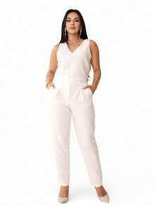 Tailored Set Elegant Set Set Of Wide Leg Pants And Blouse - trắng - Xem 2