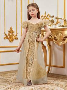 ALISA&LEO Sparkly Wide Strap Mermaid Flower Girl Dress With Bow Accents & Sequin Embroidery For Wedding Ceremonies, Formal Galas, Evening Receptions, Birthday Celebrations, Awards Nights