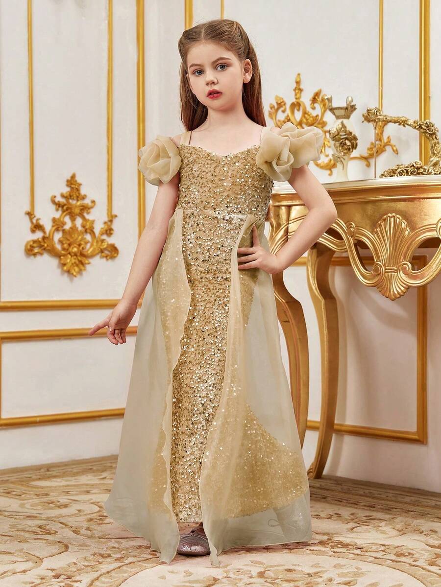 ALISA&LEO Sparkly Wide Strap Mermaid Flower Girl Dress With Bow Accents & Sequin Embroidery For Wedding Ceremonies, Formal Galas, Evening Receptions, Birthday Celebrations, Awards Nights