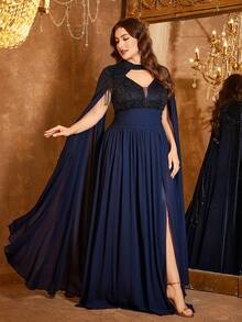 UNITHORSE Plus 女式露背超长袖贴花流苏修身开衩气质晚礼服 - 藏蓝色 - 查看 6