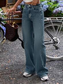 Livesso 女式高腰阔腿牛仔裤，带口袋 - 淺色水洗藍 - 查看 2