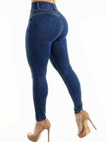 Women's Butt Lifting Jeans, High Stretch Tummy Control Skinny Pants, Fashionable Elegant Casual Trousers Suitable For Dates, Commuting, Shopping - 中等水洗藍 - 查看 2