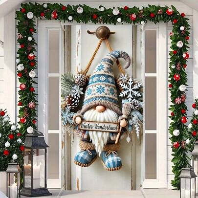 1pc Festive Christmas Gnome Door Wreath, Polyester Material, No Electricity Needed, Indoor/Outdoor Holiday Wall Decor For Home & Party