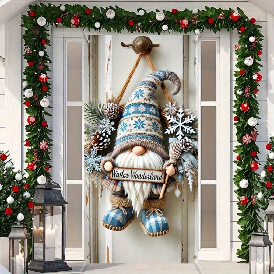 1pc Festive Christmas Gnome Door Wreath, Polyester Material, No Electricity Needed, Indoor/Outdoor Holiday Wall Decor For Home & Party