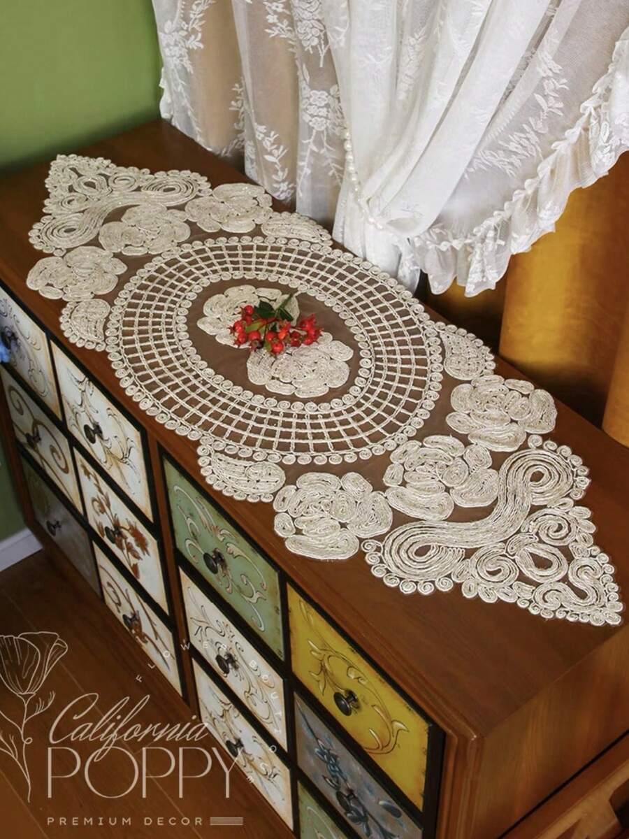 1 Stück Spitze bestickte Rose Blume Tischläufer, Vintage Polyester bestickte Kordel Tischläufer, staub- und hitzebeständig, geeignet für Couchtisch, Esstisch, Kommode, TV-Ständer, Heimdekoration und Hochzeit/Party/Feiertage