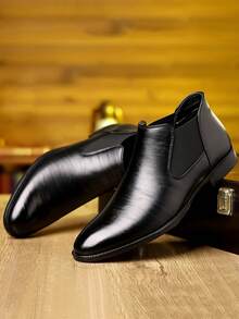 1 Pair Men's Pull-On Round Toe Mid-Calf Chelsea Boots, PU Upper, Rubber Outsole, Durable Business Casual, Autumn/Winter (Run Large) - Black - View 7