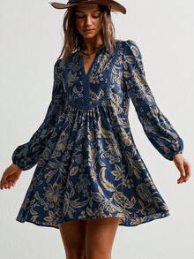 Rusttydustty Striped Lace V-Neck Casual Long Sleeve Classic Blue Dress, Bohemian Beach Outfit, Music Festival Tropical Vacation, New Year, Valentine''s Day Dress - Dusty Blue - View 1