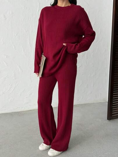 Women's Comfortable Knit Co-Ord Set With Round Neck Drop Shoulder Sweater And Wide Leg Pants