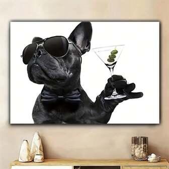 1 pieza Pintura en lienzo sin marco, Impresión artística, Bulldog francés con gafas, Ideal para decoración de oficina, pasillo, sala de estar del hogar, habitación estética, regalo