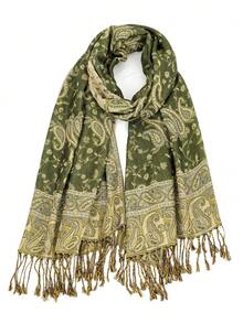 1件女款復古提花印花洋基風格長毛邊披肩，適合日常穿著、旅行和攝影波西米亞風格 - 軍綠色 - 查看 6