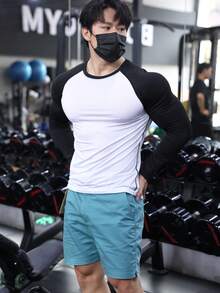 男士压缩长袖衫 - 圆领，弹力面料，适合户外、健身房、跑步、训练、运动服、健身等场合 - 黑與白 - 查看 3