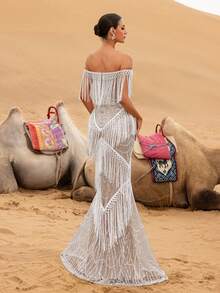 Faeriesty 优雅露肩美人鱼晚礼服，饰以流苏、薄纱和亮片珠饰几何图案——飘逸的鱼尾裙，适合婚礼、盛大晚宴、正式晚宴等春季场合。 - 杏色 - 查看 3