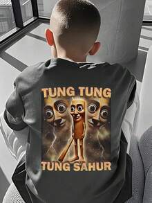 1件休闲酷炫印花圆领长袖T恤，适合青少年男孩，宽松版型，街头风上衣，秋季款 - 深灰色 - 查看 2