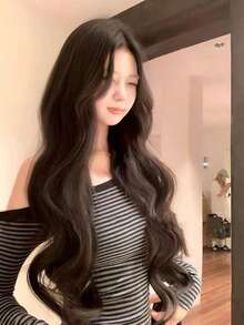 女士条纹露肩长袖T恤，修身吊带背心，性感简约风格 - 黑色 - 查看 3