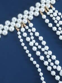 1件时尚多层（仿）珍珠项链肩链，性感流苏多功能比基尼配饰，手工制作身体链，优雅设计，适合夏季海滩、圣诞节等场合。