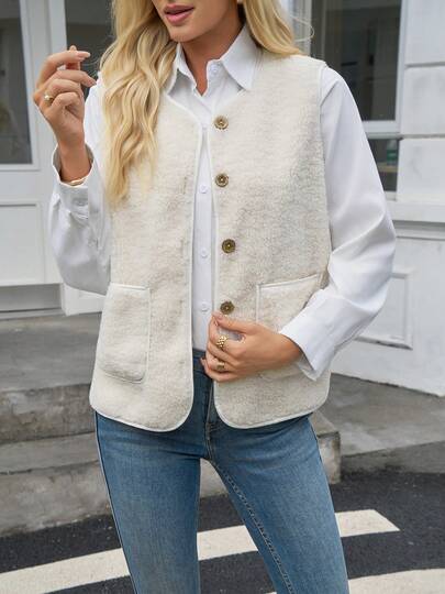 Chaleco tipo teddy de cuello redondo informal para mujer, de punto corto y sin mangas, con botones delanteros y bolsillos