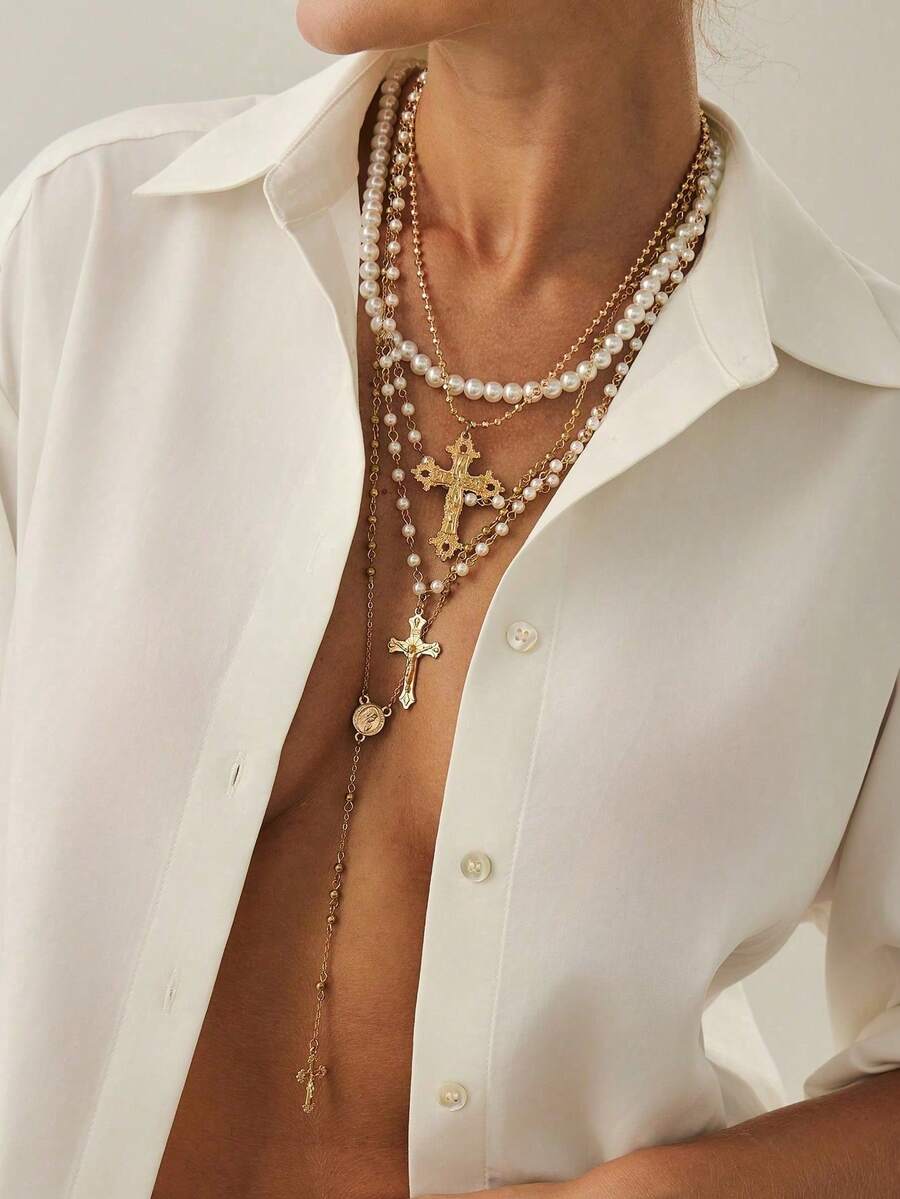 4pcs/Set 14k Gold Plated Multi-Layer Beaded Cross & Virgin Mary Necklace, Suitable For Vacation, Prayer, Baptism Wear - 金色 - 查看 1