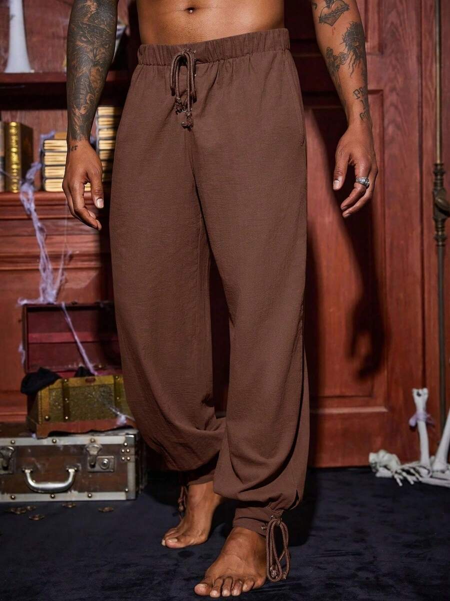 Runcati Men's Medieval Viking Pirate Pants Banded Ankle Lace Up Cotton Renaissance Gothic Halloween Costume Trousers - 棕色 - 查看 1