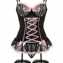 Sexy Lace Bow Sensual Lingerie Set, Black Tight Bra, Waist-Tight Look Slimming, Suitable For Night Travel, Daily Date, Suitable For Halloween, Valentine's Day, Night Parties - 白色和藍色 - 查看 5