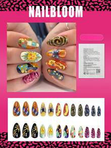 24 buc Unghii False Medii cu Migdale, Gradient, Soare & Fluture & Buline & Carouri, Design Stil Vintage Lucios, Acoperire Completă, Pentru Femei & Fete, Unghii False, Purtare Zilnică