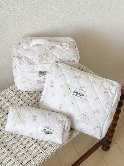 1 Peça/Conjunto Bolsa de Maquiagem com Estampa Fofa de Coelho, Impressão Aleatória de Flor e Laço, Bolsa de Armazenamento de Cosméticos com Design Acolchoado, Bolsa de Toucador de Viagem com Zíper, Estojo de Maquiagem com Padrão Rosa de Grande Capacidade, Adequado para Organizador de Itens Essenciais de Viagem, Organizador de Itens Essenciais de Dormitório, Organizador de Banheiro, Organizador de Itens Essenciais de Férias, Presentes para Novo Semestre, Presentes de Volta às Aulas para Meninas