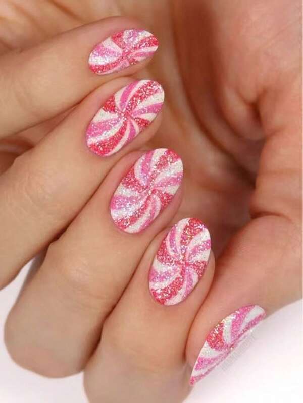 Christmas Nail Art,24Pcs Short Oval Full Coverage Glossy False Nails For Women,Pink And White Color-Blocked Spiral Pattern Design Press On Nails With Cute, Sweet, Romantic, Minimalist Style