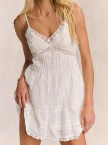 Womenacute;S Stylish Mesh Lace Smocked Back V Neck Spaghetti Strap A Line Dress For Summer - White - View 1