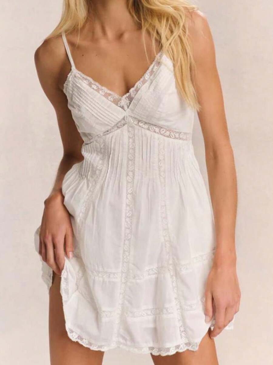 Womenacute;S Stylish Mesh Lace Smocked Back V Neck Spaghetti Strap A Line Dress For Summer - White - View 1
