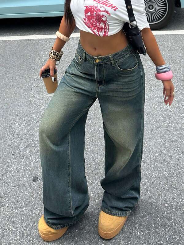 Women's Casual Washed Wide Leg Jeans