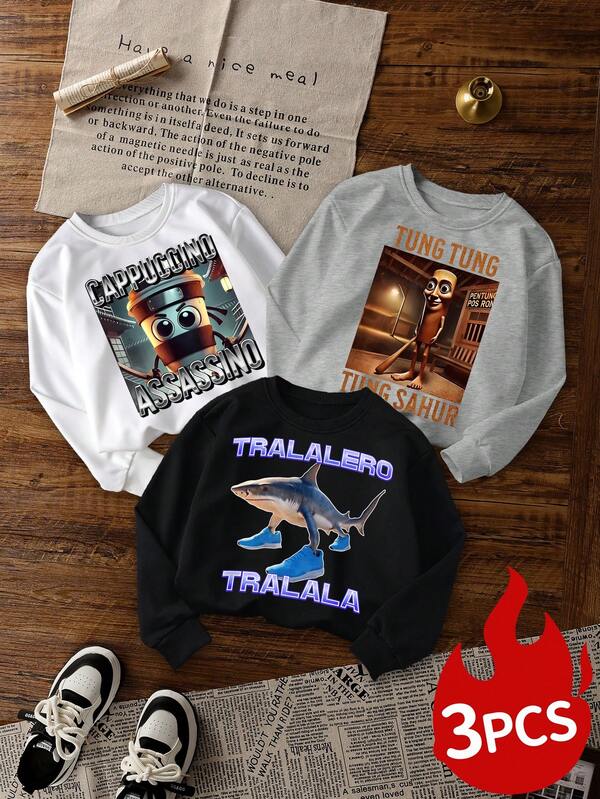 3pcs/Set Boys Casual Shanhaijing Character Printed Pullover Crew Neck Sweatshirts, Autumn/Winter Student Young Streetwear Long Sleeve Tops - The Ultimate Crew Neck Sweatshirt Series For Every Young Trendsetter