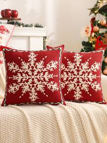 1 pieza/2 piezas Funda de cojín decorativa navideña, Jacquard de lino con copos de nieve y dorado, Decoración de sala de estar rústica de invierno, Regalo navideño