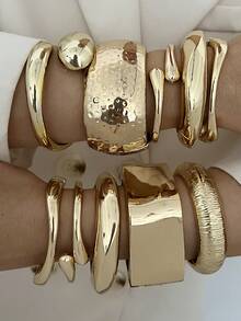 25pcs Exaggerated Fashion Geometric Round Disc Wide Bangle Set, Textured Pattern Multilayer Bracelet Suit, Suitable For Women Daily Wear, Dating, Party, Gift, Holiday - Yellow Gold - View 9