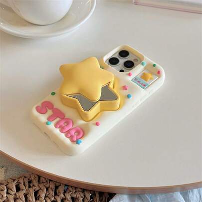 1pc Star Design Phone Case With Mirror Stand, Protective Film Needs To Be Peeled Off Before Use, Cute & Fashionable Silicone Stand Phone Case, Comfortable Touch, Compatible With IPhone 16 & 17
