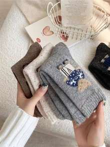 5 Pairs Autumn/Winter Cute Cartoon Bear Soft Warm Mid-Calf Slouch Socks, Sweet Preppy Style, Random Assortment - Multicolor - View 3