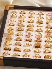 3/6/9/12/24件不锈钢18K镀金简约几何开口戒指，时尚日常佩戴（随机发货） - 金色 - 查看 2