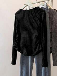 青少年女孩褶皱长袖修身罗纹汗衫，13-16 岁