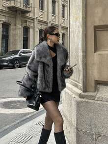 Luxurious Vintage Fashion Women's Thick Warm Jacket With Faux Fur Collar, Winter Coat, Soft Plush Fur - Grey - View 11