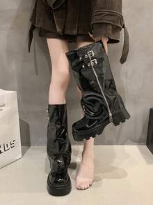 亮面时尚喇叭筒中筒靴，百搭粗跟圆头靴，女士街头风，秋冬款 - 亮黑色 - 查看 7