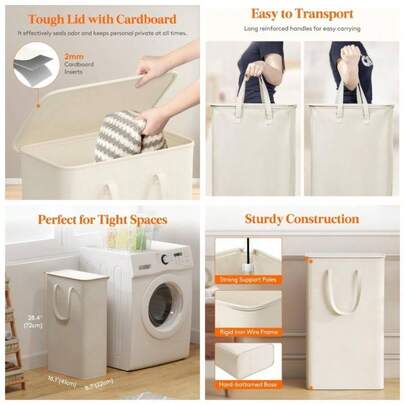 65L Slim Laundry Basket With Lid, Small Washing Basket, Narrow Foldable Laundry Bag With Handles, Laundry Hamper Bin Storage Bedroom Accessories, Whit