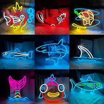 金鱼霓虹灯标志、用于墙壁装饰的鱼霓虹灯 LED 标志、用于渔具店的 USB 夜灯、海洋主题、儿童房、男人洞穴、卧室、游戏室、生日派对装饰男孩礼物，易于安装。
