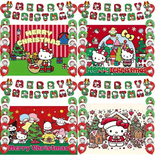 Sanrio Decoraciones de fiesta de Sanrio - Globos de fiesta de Navidad con diseño de Hello Kitty, fondo de pantalla de Navidad Kawaii de Hello Kitty, banderín de Navidad de Hello Kitty, decoración colgante de pared de Hello Kitty, decoraciones de fondo para fotos de reunión de fiesta