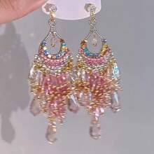 2pcs Exquisite Light Luxury Heavy Craft High-Value Tassel Earrings Fashionable Elegant Drop Earrings - 09-2977 粉紅流蘇耳環 - 查看 6