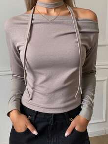 Livesso Camiseta de manga larga con hombros oblicuos y lazo para mujer, diseño minimalista para uso diario, ropa de otoño - Gris - Ver 3