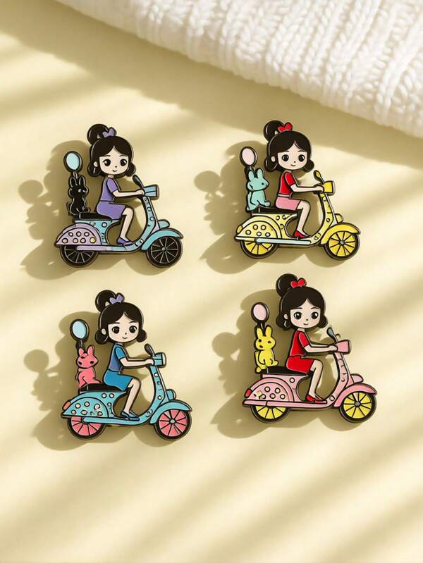 4 pièces Broche minimaliste mode créative de fille de dessin animé à vélo, épingle de revers de mode style fille mignonne