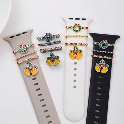 4pcs Christmas Element Watch Band Decorative Rings, Zinc Alloy Material, Christmas Wreath/Bell Shaped, Compatible With Apple/ Watch Bands Decoration, Christmas Holiday Gift (Watch Band Not Included)